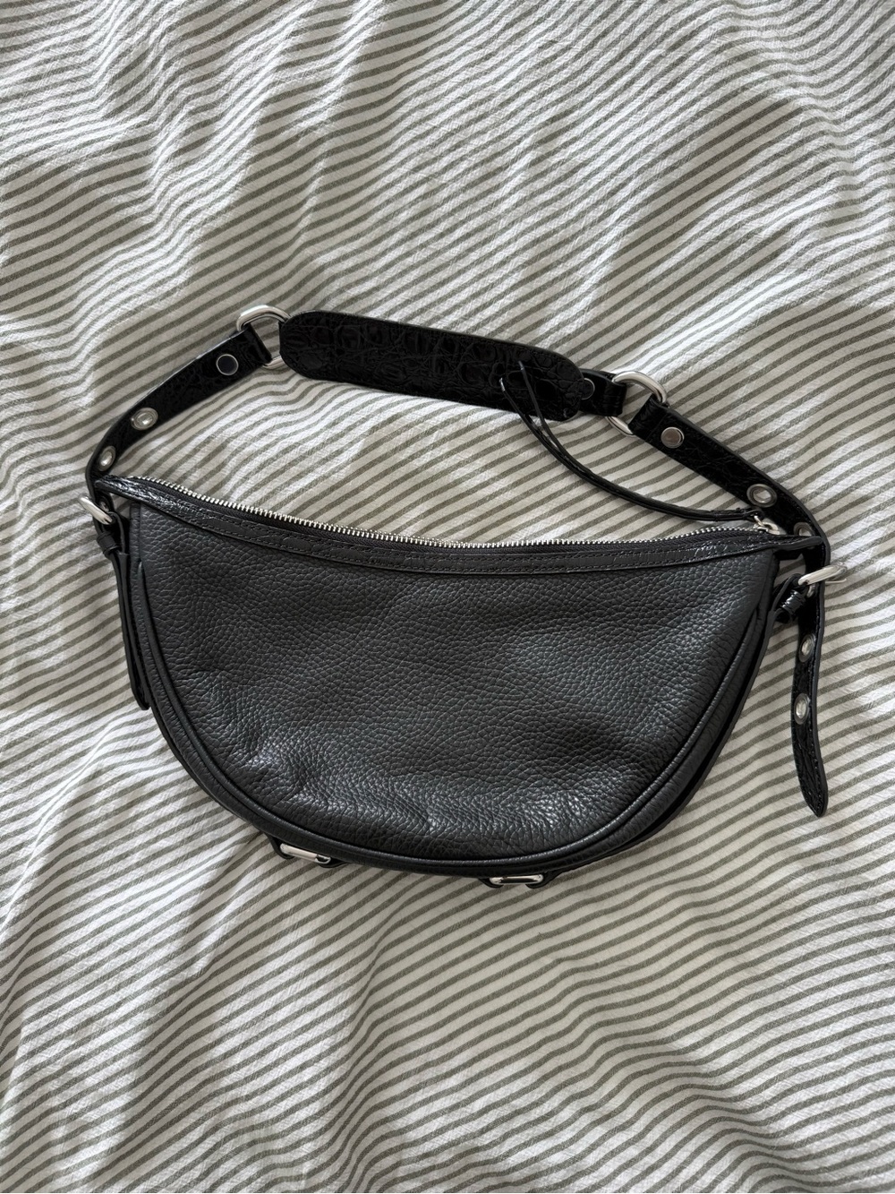 BY FAR Black Pebbled Leather Crescent Shoulder Bag